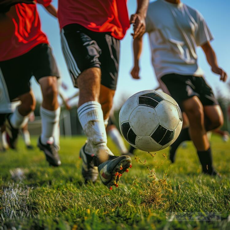 soccer players kicking a football on a field