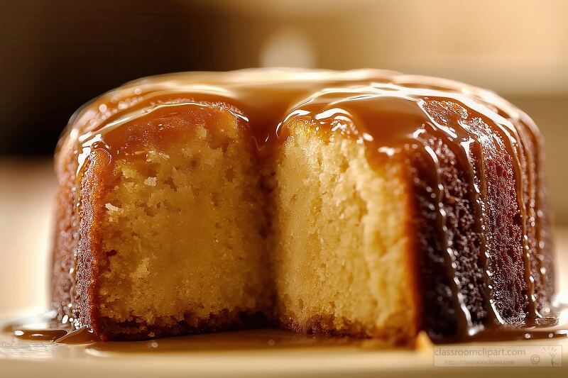 Freshly baked almond amaretto pound cake features a glossy caramel glaze on top. A slice cut out reveals its soft and moist texture, perfect for any dessert occasion.