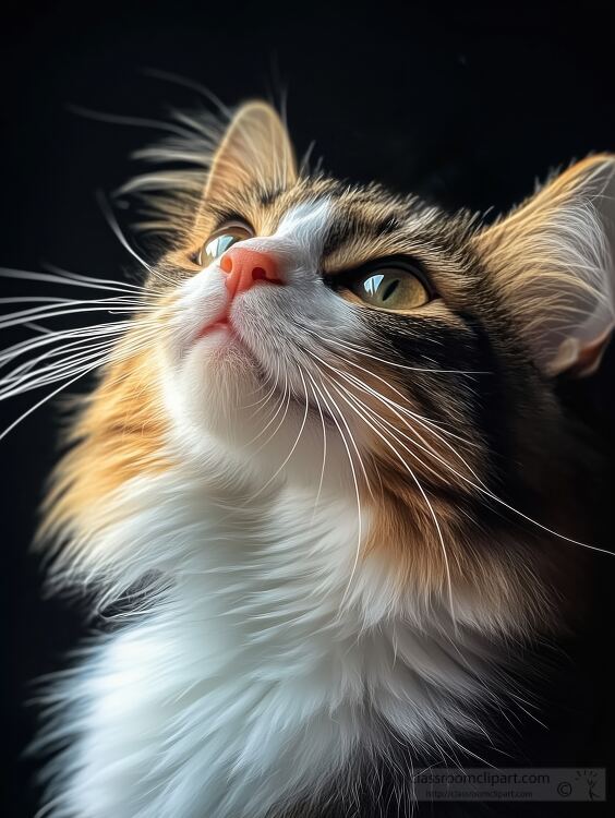 soft fur and whiskers of a cat are highlighted as it gazes upwar