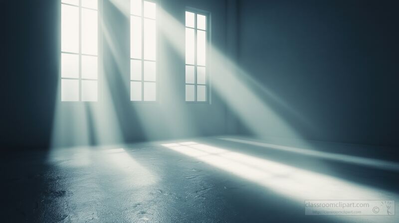 Bright beams of soft light filter through large windows, illuminating a vacant room with a tranquil atmosphere. The light dances across the white surface, enhancing the serene ambiance.