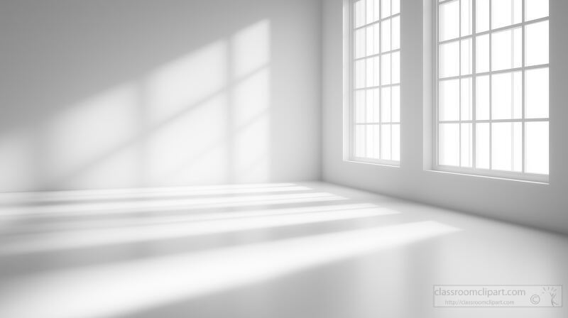 Soft light streams through large windows, casting gentle shadows on a pristine white floor. The interplay of light and shadow enhances the serene atmosphere of this modern room.