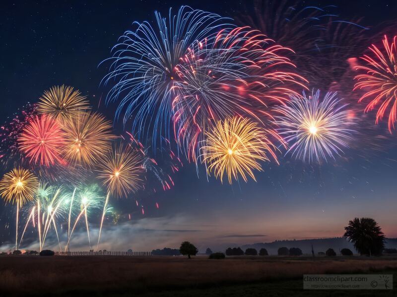 Vibrant fireworks burst in a colorful array above tranquil fields at dusk, creating a celebratory atmosphere that lights up the horizon with joy and brilliance.