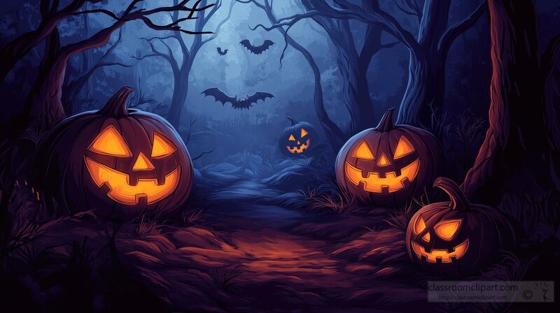 Spooky Halloween night in a dark forest with glowing jack-o