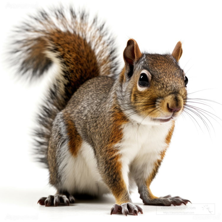 squirrel with fluffy tail full body isolated on white background