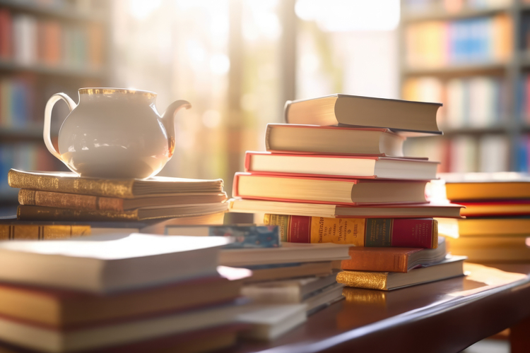 stack of books in a library blurred interior