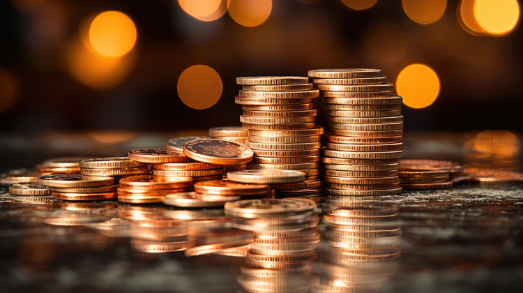 stack of gold coins with reflection on a metal table blurry back