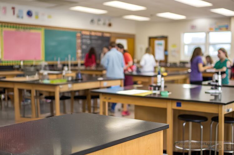 students in a school lab with tables and stools set up for hands