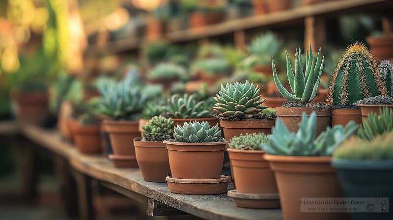 A vibrant assortment of succulent plants and cacti is displayed in terracotta pots, arranged on a wooden table. The soft, blurred background enhances the plant colors and textures.