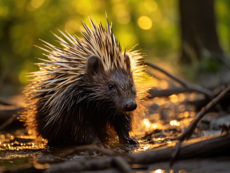 sun shines through the trees illuminating the spiky quills of th