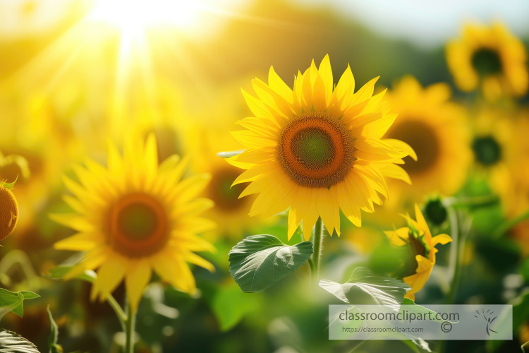 sunflowers facing the sun with a gleaming sunrise in the backgro