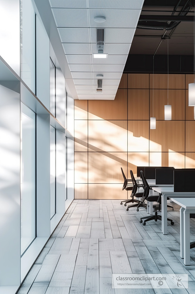 Sunlit modern office interior with clear glass walls and sleek f