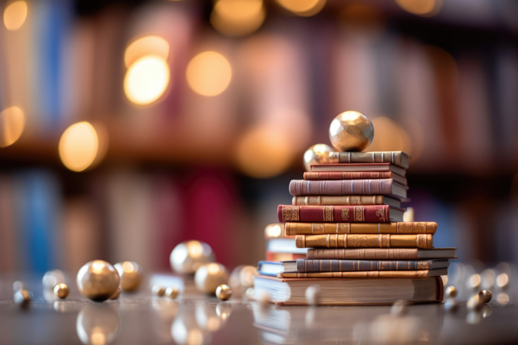 tack of books in a library with blurry lights