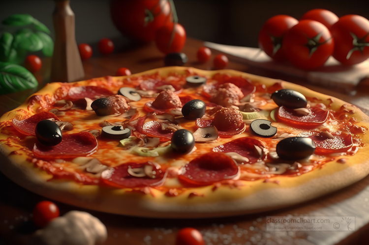 Tasty pepperoni pizza with mushrooms and olives on wooden plate