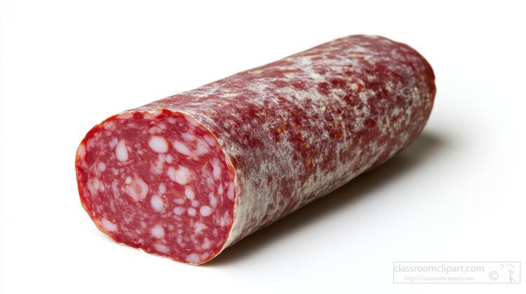 thick cut of cured salami showing its marbled texture