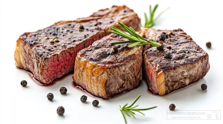 three grilled beef steaks with a seared crust