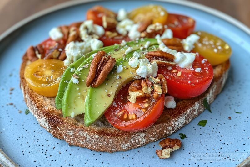 Sliced toasted whole grain bread features creamy avocado, halved cherry tomatoes, and crumbled feta cheese, all garnished with pecans on a light blue plate.