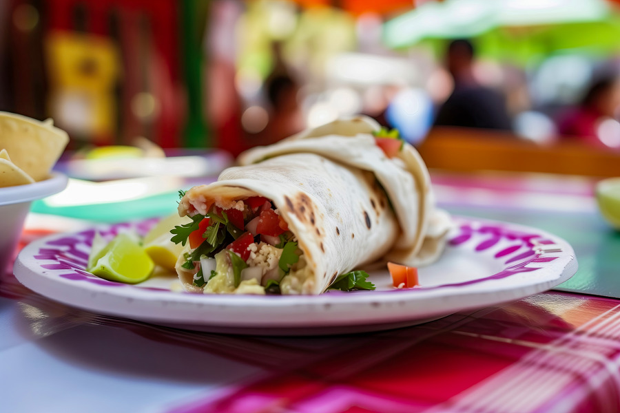 Traditional Mexican burrito on a plant with fresh cilantro