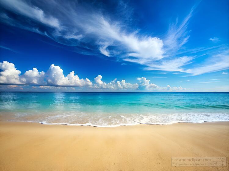 tropical beach scene with golden sand and blue sea