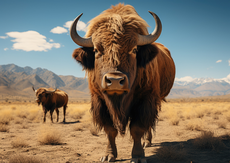 two bison standing in a field with mountains in the background