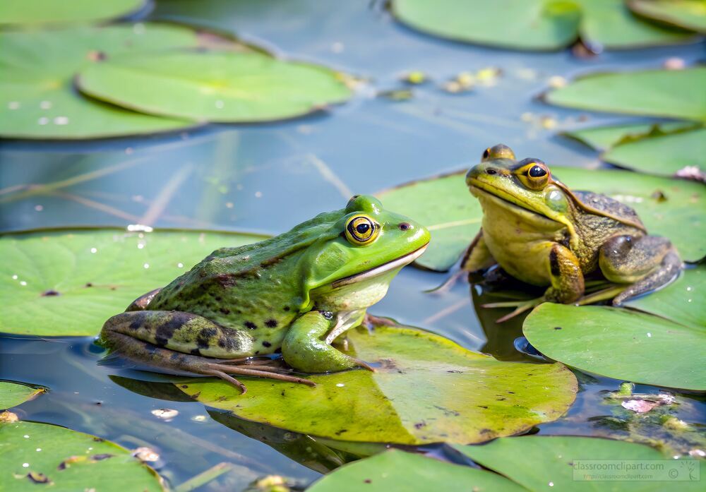 two frogs in a pond resting on lily pads