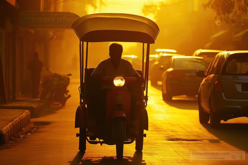 A person navigates a three wheeled vehicle down a busy street as the sun sets, casting a warm golden hue on the surroundings and creating a lively atmosphere.