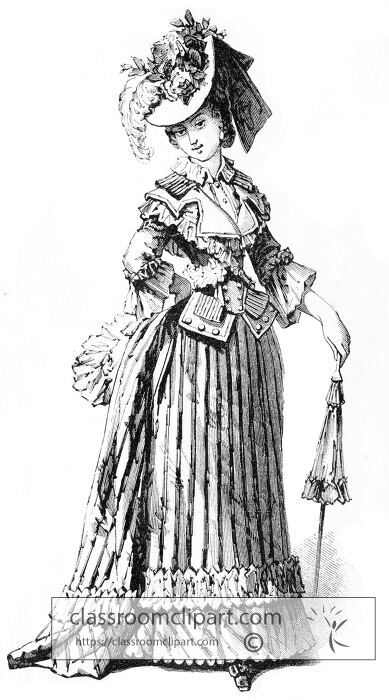Victorian lady with parasol wearing an ornate dress in a standin