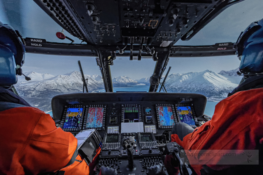 view of pilots flying from Air Station Kodiak in a Jayhawk helicopter