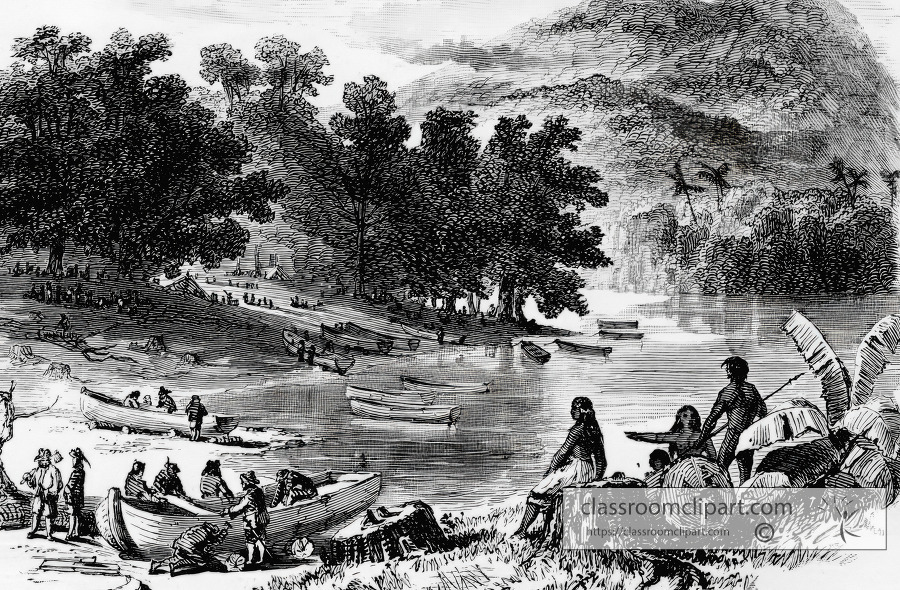 village on a river of darien historical illustration