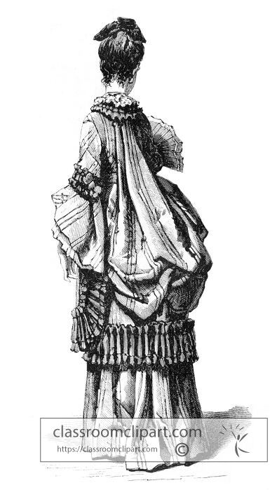 Vintage sketch of a womans back in a Victorian bustle dress