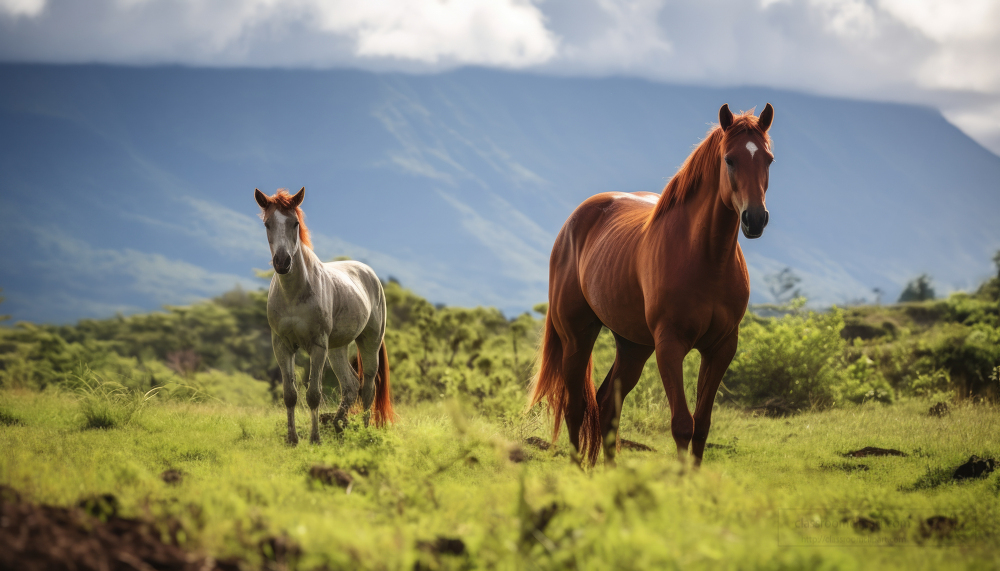 white and brown horse standing in a green field