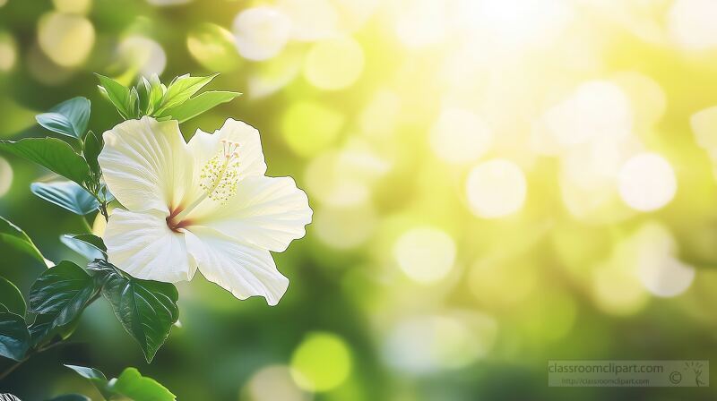 Bright white hibiscus flower stands out amidst a vibrant green tropical garden. Soft sunlight filters through foliage, enhancing the serene atmosphere of the setting.