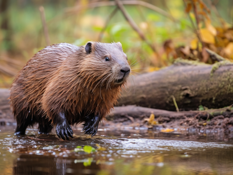 Wild beaver walking along the river