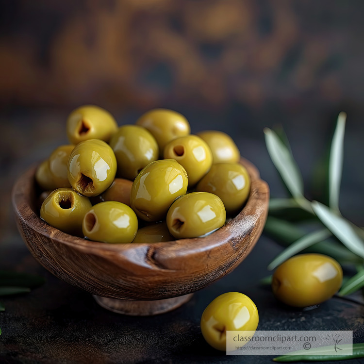 wooden Bowl filled with Green olives decorated with leaves