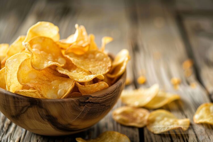 wooden bowl overflowing with potato chips