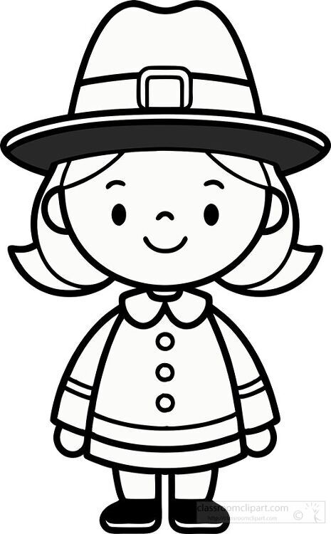 pilgrim girl black and white for coloring