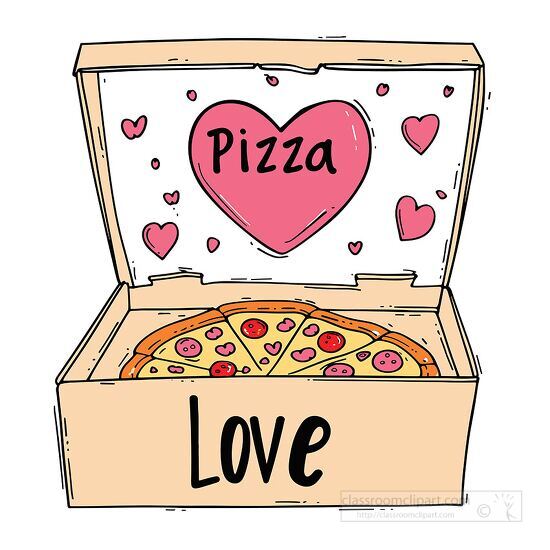 pizza box with a slice of pizza and a heart shaped Love pizza de