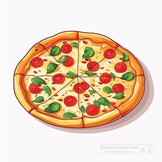 pizza cut into six slices featuring pepperoni and basil clipart
