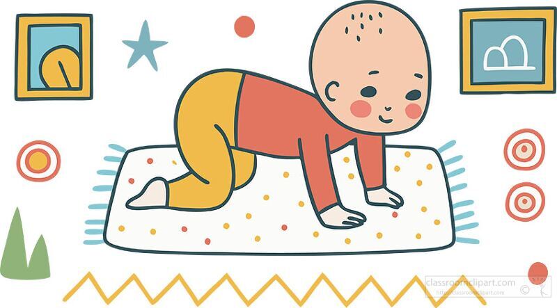 Playful Baby Crawling on a Colorful Rug With Patterns