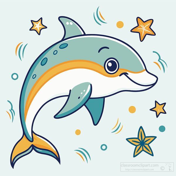 playful dolphin with a big smile swims surrounded by stars and b