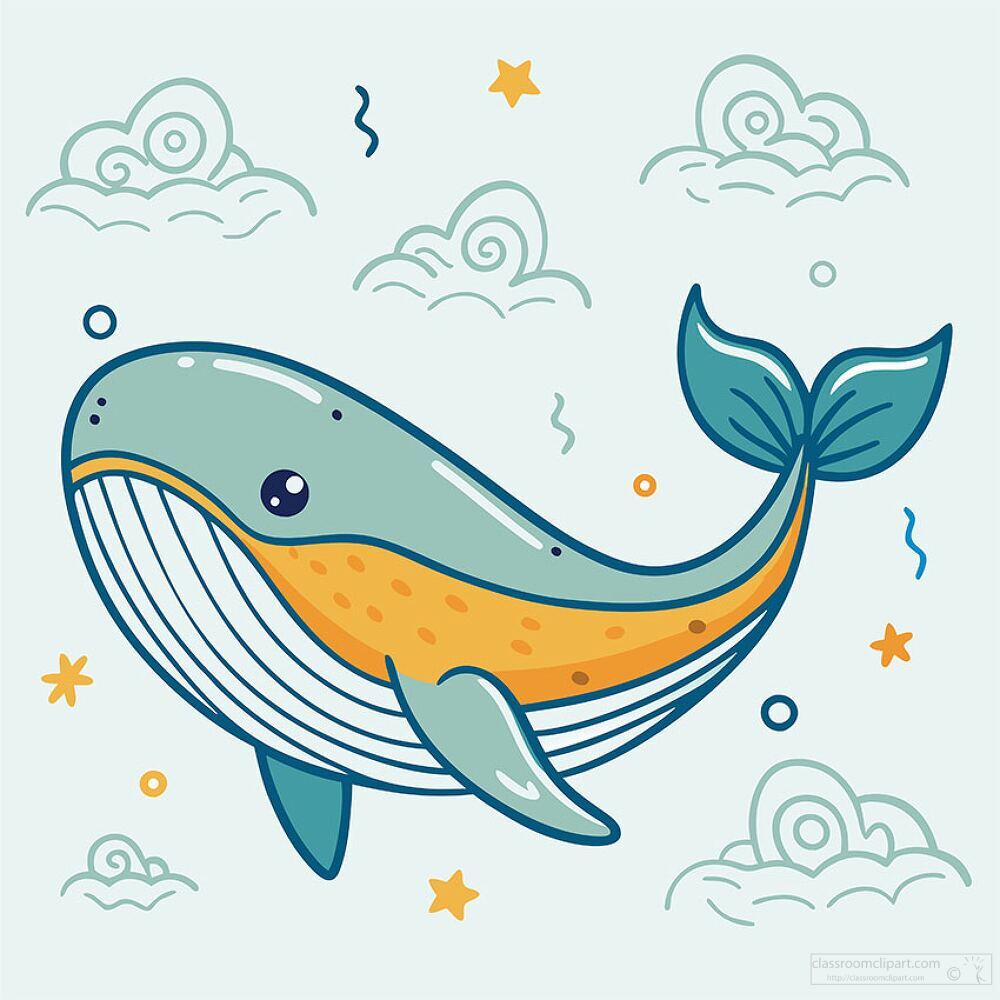 playful whale with a big smile and striped belly swims