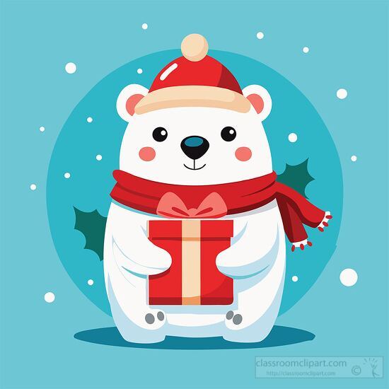 polar bear standing in the snow holding a gift box