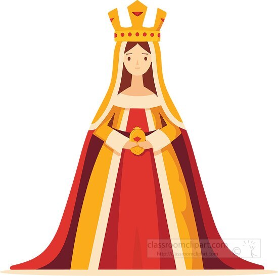 queen in yellow and red robes wears a regal crown