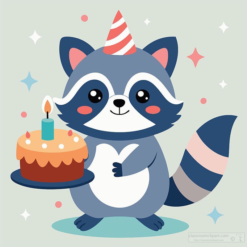 raccoon in a party hat holds a decorated birthday cake with a lit candle