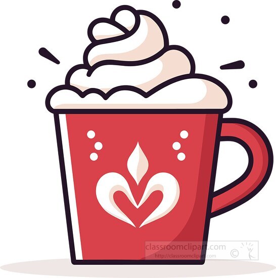 red decorated christmas mug with hot chocolate topped with whipp