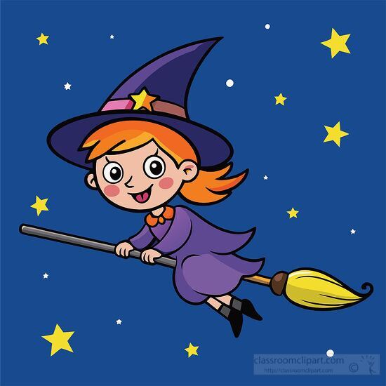 red haired witch riding through the night sky clipart