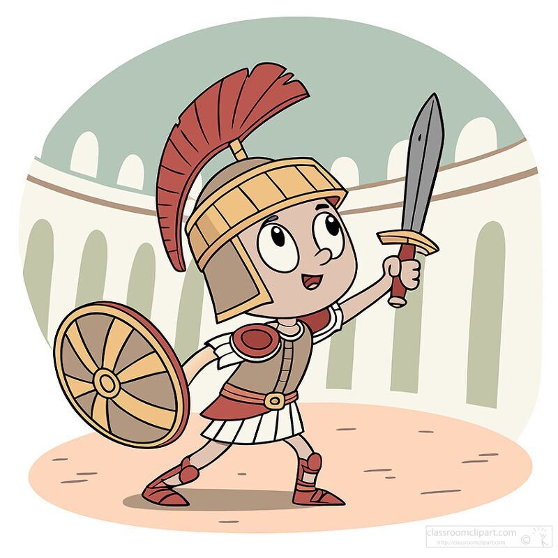 Roman gladiator stands with a sword and shield in a grand arena