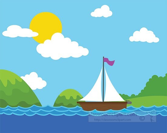 sailboat in wavy ocean with blue sky green land clipart