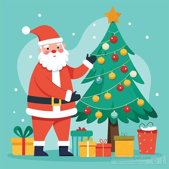 santa Claus joyfully decorates a brightly lit Christmas tree with colorful ornaments