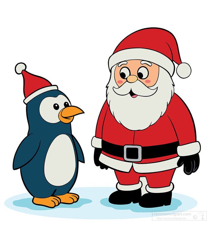 Santa Claus standing next to a penguin