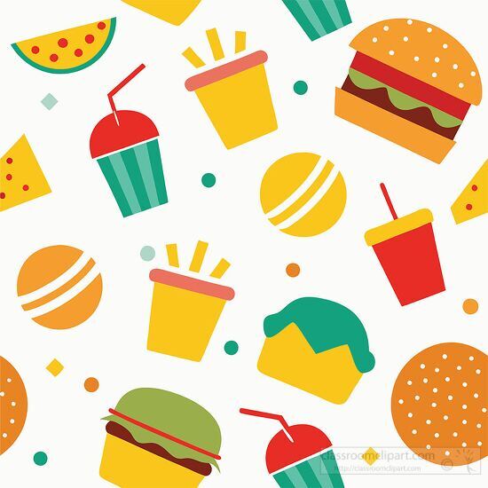 seamless fast food pattern with colorful icons of burgers fries 